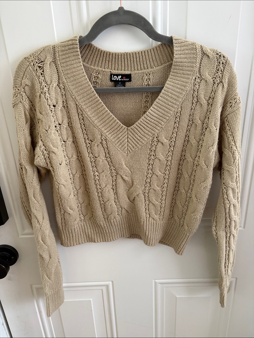 (5/$20) Love by Chesley Tan Cable Knit V-Neck Sweater